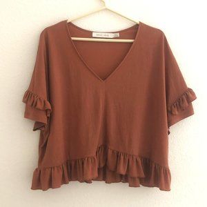 Bishop + Young Top Womens Size Large Brown Rust Ruffle Sleeve & Hem Cropped